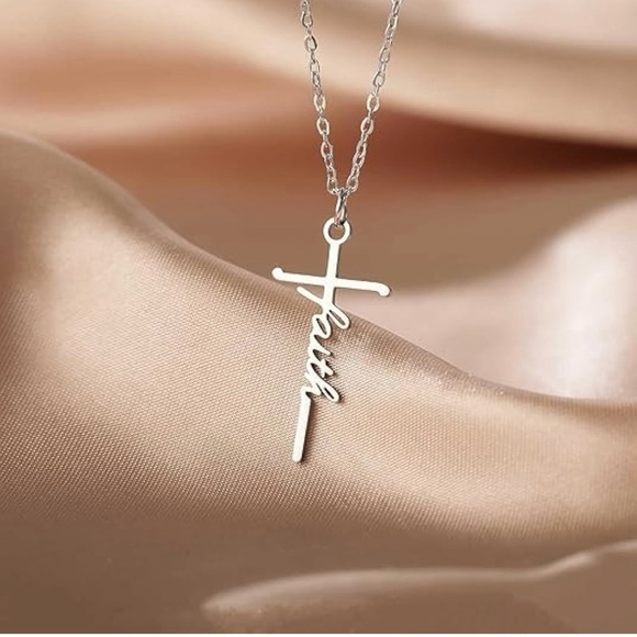 Faith Cross Necklace – Silver Stainless Steel Christian Pendant - Picture 3 of 4